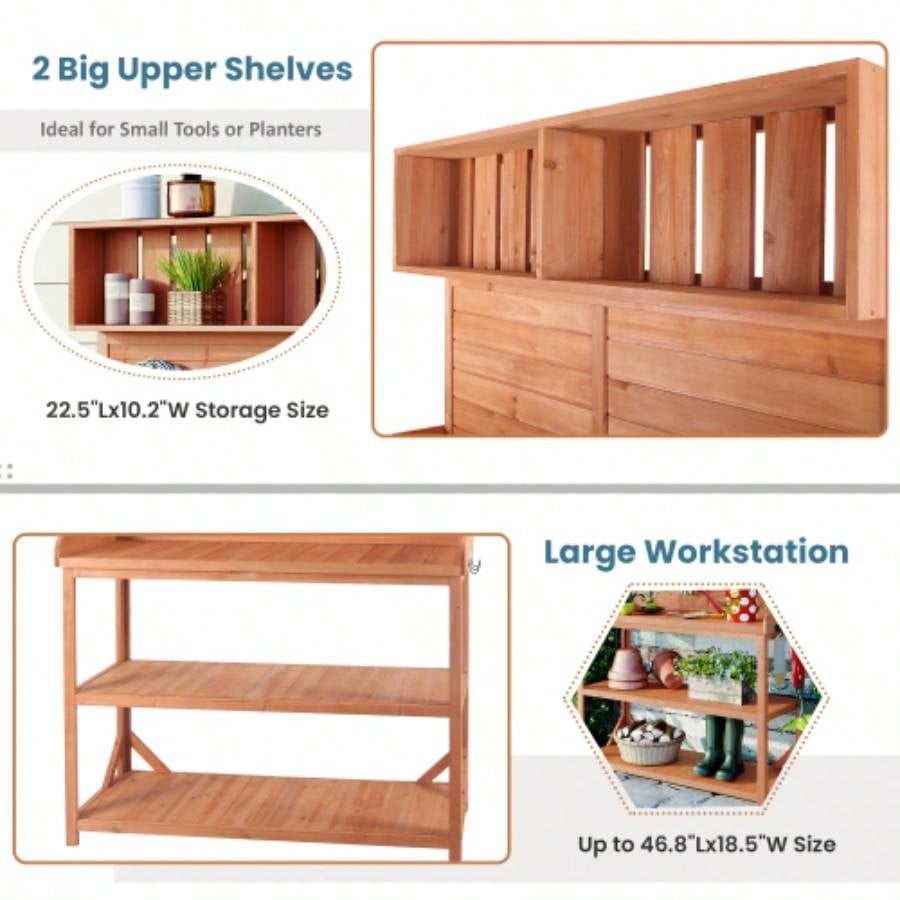 TOPMAX 65 Large Wooden Farmhouse Rustic Outdoor Potting Table, Patio Workstation, Garden Potting with 4 Storage Shelves and Side Hook, Natural