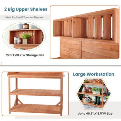 TOPMAX 65 Large Wooden Farmhouse Rustic Outdoor Potting Table, Patio Workstation, Garden Potting with 4 Storage Shelves and Side Hook, Natural