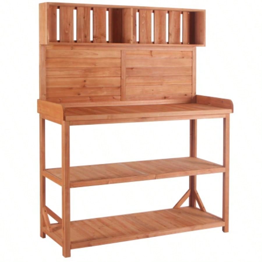 TOPMAX 65 Large Wooden Farmhouse Rustic Outdoor Potting Table, Patio Workstation, Garden Potting with 4 Storage Shelves and Side Hook, Natural
