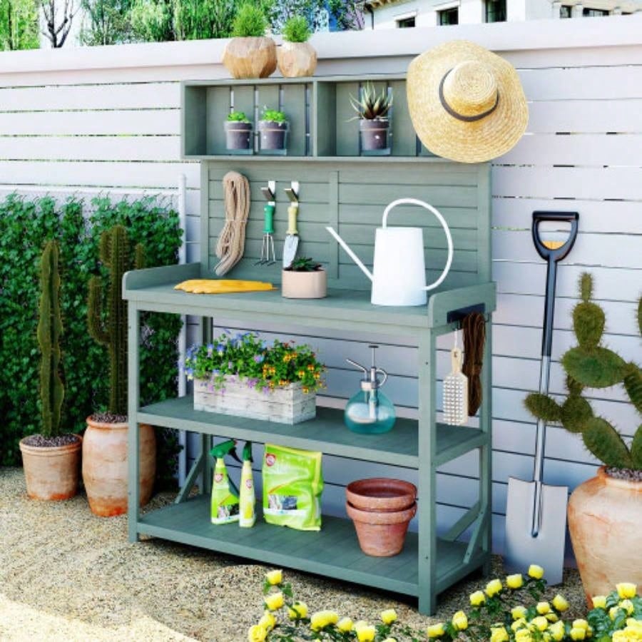 TOPMAX 65 Large Wooden Farmhouse Rustic Outdoor Potting Table, Patio Workstation, Garden Potting with 4 Storage Shelves and Side Hook, Natural
