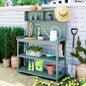 TOPMAX 65 Large Wooden Farmhouse Rustic Outdoor Potting Table, Patio Workstation, Garden Potting with 4 Storage Shelves and Side Hook, Natural