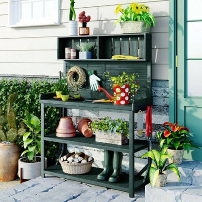 TOPMAX 65 Large Wooden Farmhouse Rustic Outdoor Potting Table, Patio Workstation, Garden Potting with 4 Storage Shelves and Side Hook, Natural