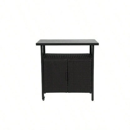 Outdoor Wicker Bar Cart, Patio Wine Serving Cart/Wheels, Rolling Rattan Beverage Bar Counter Table/Glass Top Porch Backyard Garden Poolside Party, Black