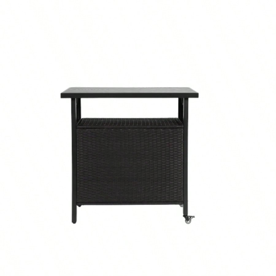 Outdoor Wicker Bar Cart, Patio Wine Serving Cart/Wheels, Rolling Rattan Beverage Bar Counter Table/Glass Top Porch Backyard Garden Poolside Party, Black