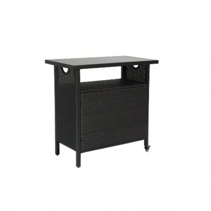 Outdoor Wicker Bar Cart, Patio Wine Serving Cart/Wheels, Rolling Rattan Beverage Bar Counter Table/Glass Top Porch Backyard Garden Poolside Party, Black