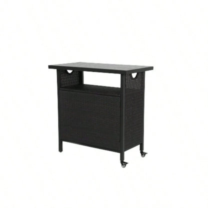 Outdoor Wicker Bar Cart, Patio Wine Serving Cart/Wheels, Rolling Rattan Beverage Bar Counter Table/Glass Top Porch Backyard Garden Poolside Party, Black