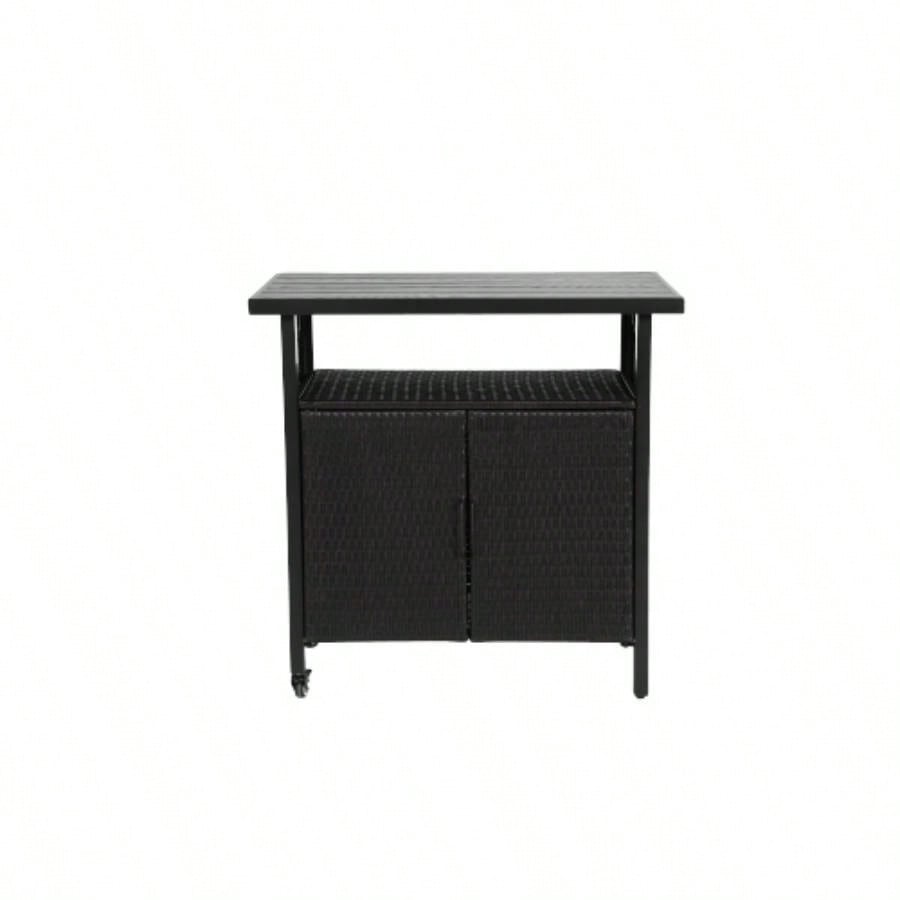Outdoor Wicker Bar Cart, Patio Wine Serving Cart/Wheels, Rolling Rattan Beverage Bar Counter Table/Glass Top Porch Backyard Garden Poolside Party, Black