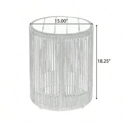Outdoor Rattan rope Acacia Wood Side Table - Patio Balcony Furniture Garden, Yard, Balcony - Weather ResistantRope Beige, Natural Iron