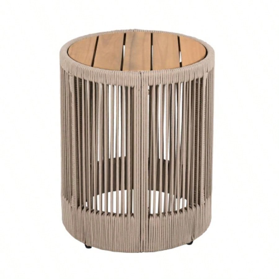 Outdoor Rattan rope Acacia Wood Side Table - Patio Balcony Furniture Garden, Yard, Balcony - Weather ResistantRope Beige, Natural Iron