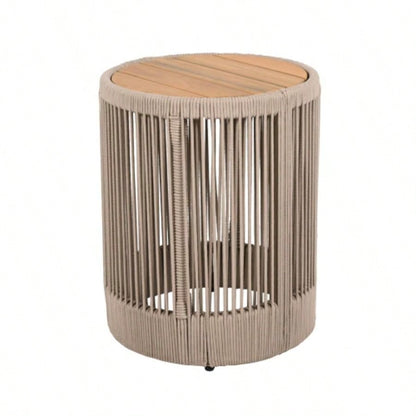Outdoor Rattan rope Acacia Wood Side Table - Patio Balcony Furniture Garden, Yard, Balcony - Weather ResistantRope Beige, Natural Iron