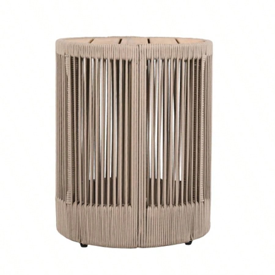 Outdoor Rattan rope Acacia Wood Side Table - Patio Balcony Furniture Garden, Yard, Balcony - Weather ResistantRope Beige, Natural Iron