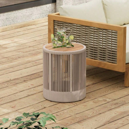 Outdoor Rattan rope Acacia Wood Side Table - Patio Balcony Furniture Garden, Yard, Balcony - Weather ResistantRope Beige, Natural Iron