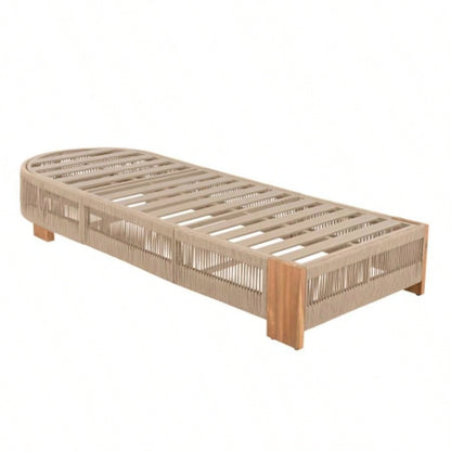 Outdoor Rattan rope Acacia Wood Side Table - Patio Balcony Furniture Garden, Yard, Balcony - Weather ResistantRope Beige, Natural Iron
