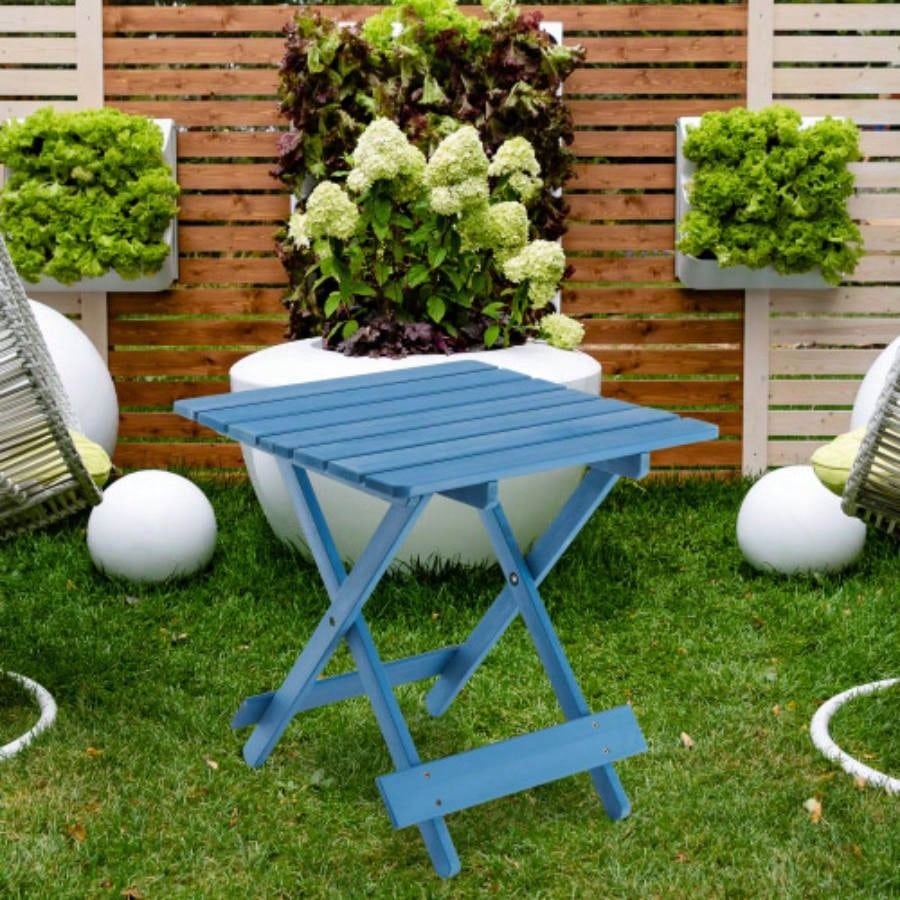 Folding Square Table Patio Outdoor solid wood Table Backyard, Balcony, Portable Design Space - Saving Blue Color
