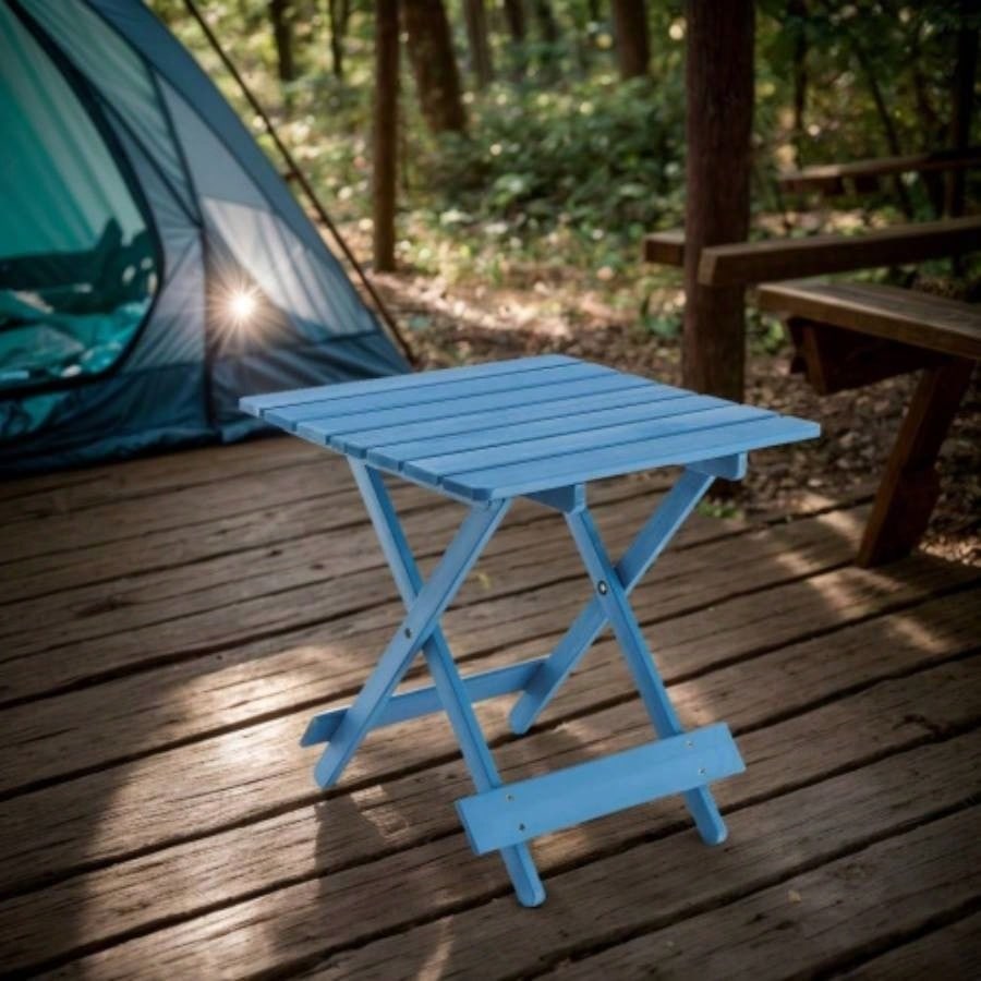 Folding Square Table Patio Outdoor solid wood Table Backyard, Balcony, Portable Design Space - Saving Blue Color