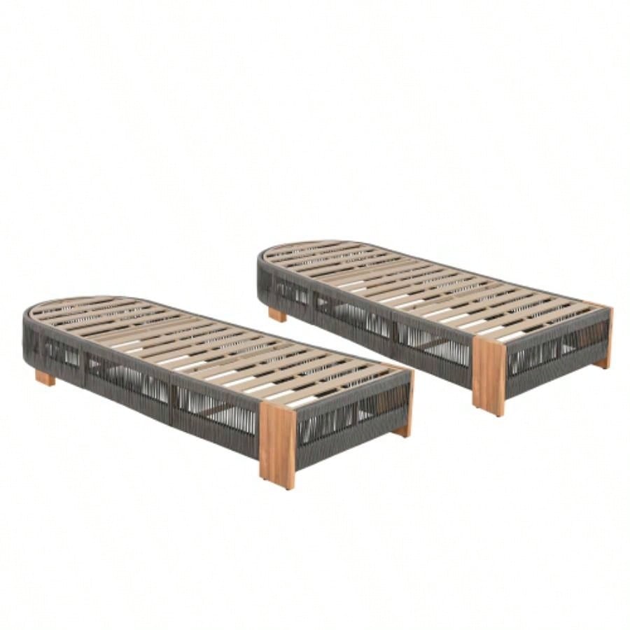 Outdoor Rattan rope Acacia Wood Side Table - Patio Balcony Furniture Garden, Yard, Balcony - Weather ResistantRope Beige, Natural Iron