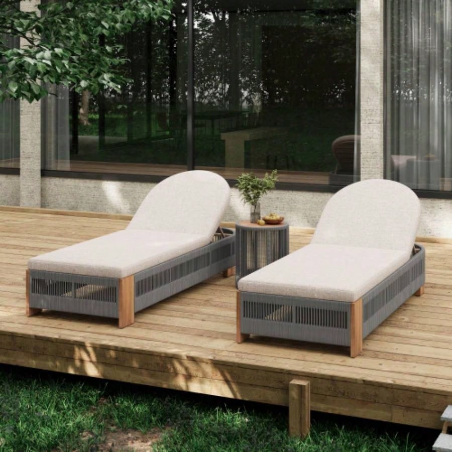 Outdoor Rattan rope Acacia Wood Side Table - Patio Balcony Furniture Garden, Yard, Balcony - Weather ResistantRope Beige, Natural Iron