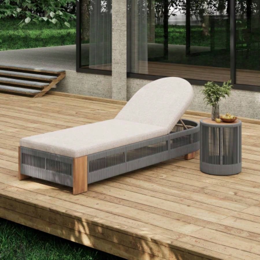 Outdoor Rattan rope Acacia Wood Side Table - Patio Balcony Furniture Garden, Yard, Balcony - Weather ResistantRope Beige, Natural Iron