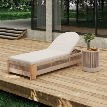 Outdoor Rattan rope Acacia Wood Side Table - Patio Balcony Furniture Garden, Yard, Balcony - Weather ResistantRope Beige, Natural Iron