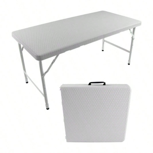 4ft Rattan Folding Table IndoorOutdoor, Portable Foldable Table Rattan Plaited White