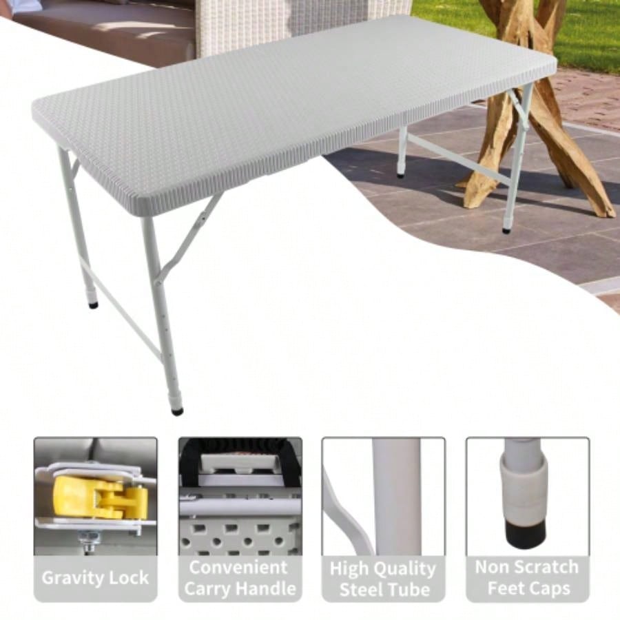 4ft Rattan Folding Table IndoorOutdoor, Portable Foldable Table Rattan Plaited White