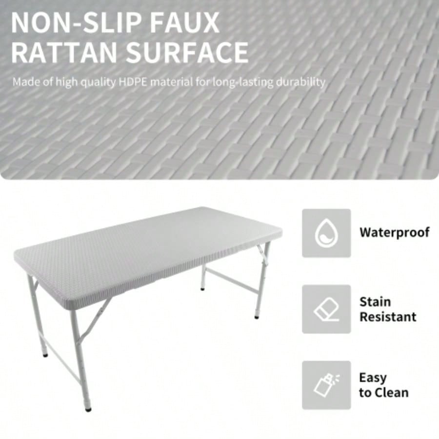 4ft Rattan Folding Table IndoorOutdoor, Portable Foldable Table Rattan Plaited White