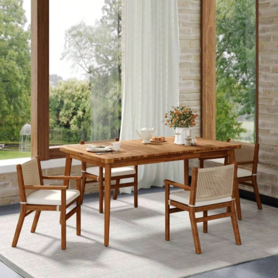 Acacia Wood Dining Table 6 - Person Outdoor Table, Farmhouse Furniture Patio, Garden, Backyard, Teak 180 LBS Weight Capacity 63L