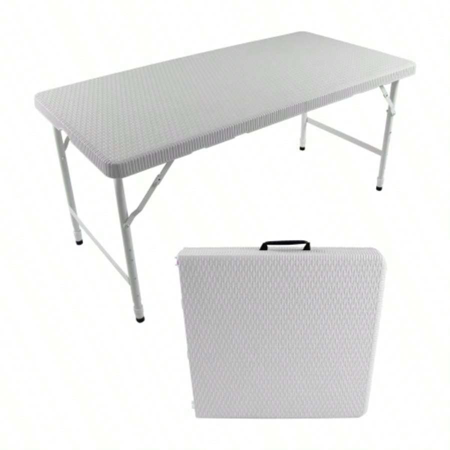 4ft Rattan Folding Table IndoorOutdoor, Portable Foldable Table Rattan Plaited White