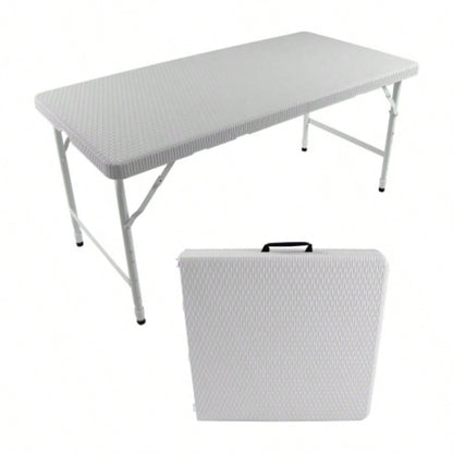 4ft Rattan Folding Table IndoorOutdoor, Portable Foldable Table Rattan Plaited White