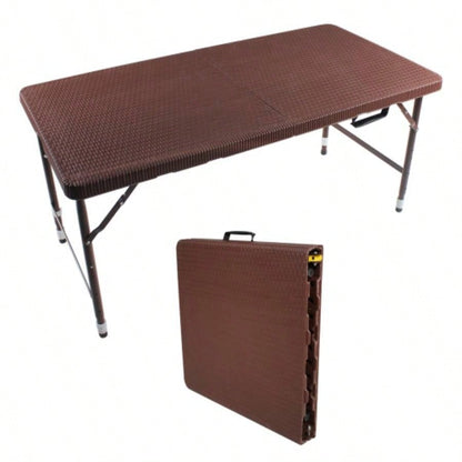 4ft Rattan Folding Table IndoorOutdoor, Portable Foldable Table Rattan Plaited White