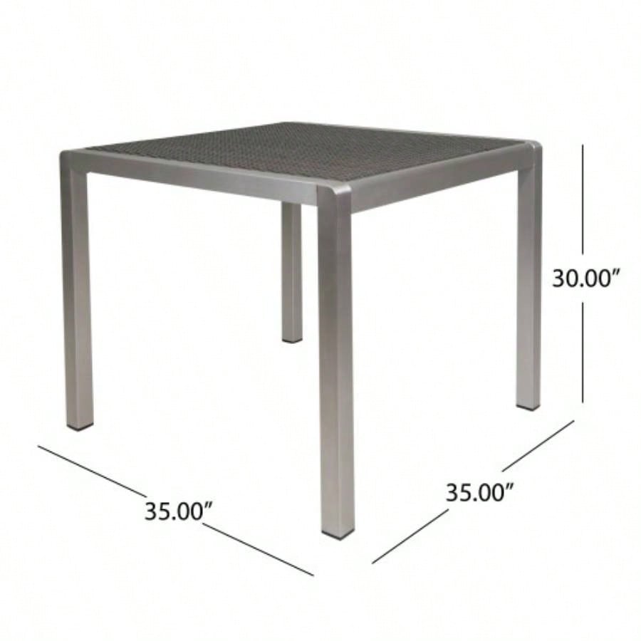Outdoor Dining Table - Anodized Aluminum - Wicker Table Top - Square - Silver and Gray - 35