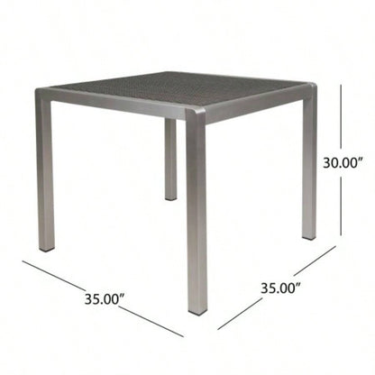 Outdoor Dining Table - Anodized Aluminum - Wicker Table Top - Square - Silver and Gray - 35