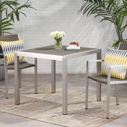 Outdoor Dining Table - Anodized Aluminum - Wicker Table Top - Square - Silver and Gray - 35