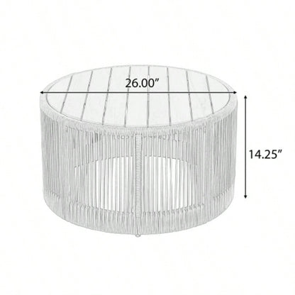Outdoor Rattan rope Acacia Wood Coffee Table - Patio Balcony Furniture Garden, Yard, Balcony - Weather ResistantRope Beige, Natural Iron