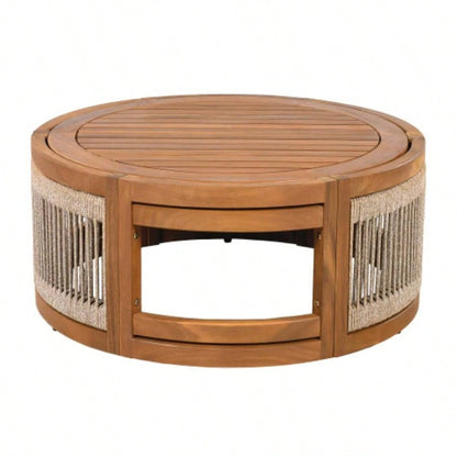 27.95 Acacia Wood Outdoor Coffee Table - Handwoven Rope Accent Boho Patio Table with All - Weather Durability