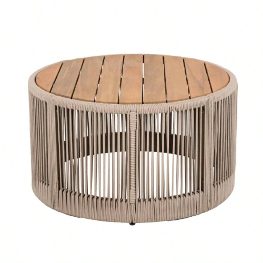 Outdoor Rattan rope Acacia Wood Coffee Table - Patio Balcony Furniture Garden, Yard, Balcony - Weather ResistantRope Beige, Natural Iron