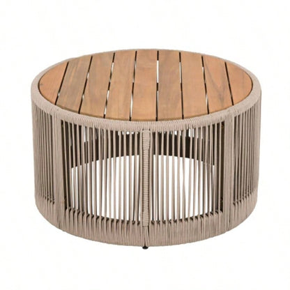 Outdoor Rattan rope Acacia Wood Coffee Table - Patio Balcony Furniture Garden, Yard, Balcony - Weather ResistantRope Beige, Natural Iron