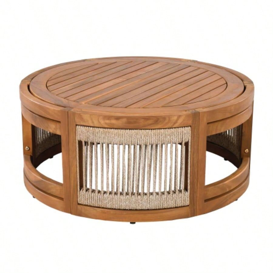 27.95 Acacia Wood Outdoor Coffee Table - Handwoven Rope Accent Boho Patio Table with All - Weather Durability
