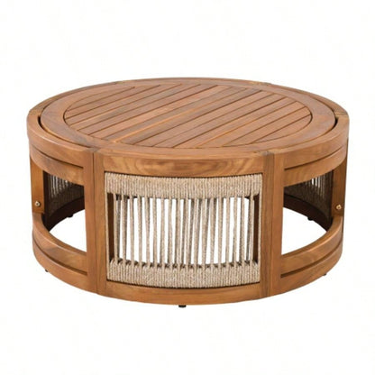 27.95 Acacia Wood Outdoor Coffee Table - Handwoven Rope Accent Boho Patio Table with All - Weather Durability