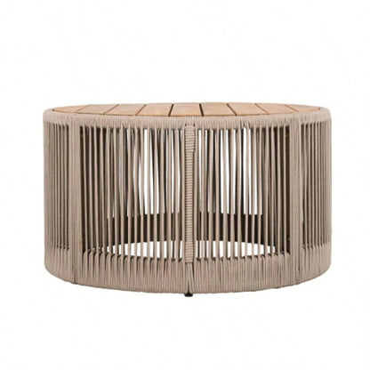 Outdoor Rattan rope Acacia Wood Coffee Table - Patio Balcony Furniture Garden, Yard, Balcony - Weather ResistantRope Beige, Natural Iron