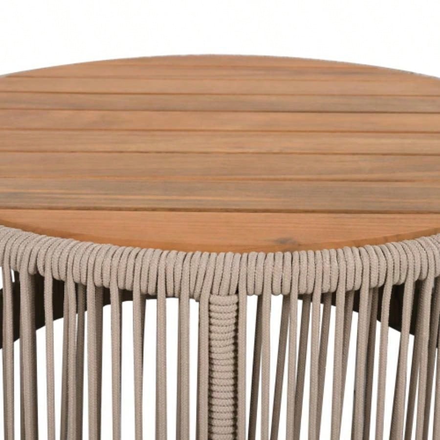 Outdoor Rattan rope Acacia Wood Coffee Table - Patio Balcony Furniture Garden, Yard, Balcony - Weather ResistantRope Beige, Natural Iron