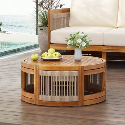 27.95 Acacia Wood Outdoor Coffee Table - Handwoven Rope Accent Boho Patio Table with All - Weather Durability