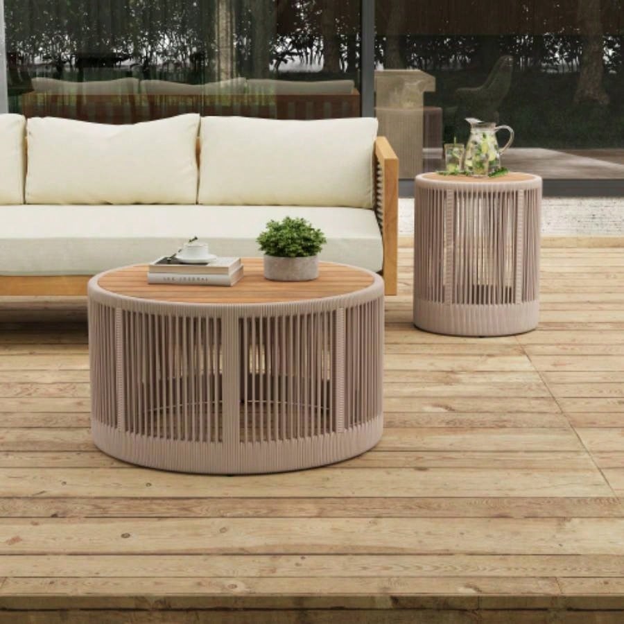 Outdoor Rattan rope Acacia Wood Coffee Table - Patio Balcony Furniture Garden, Yard, Balcony - Weather ResistantRope Beige, Natural Iron