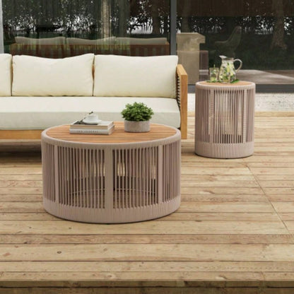 Outdoor Rattan rope Acacia Wood Coffee Table - Patio Balcony Furniture Garden, Yard, Balcony - Weather ResistantRope Beige, Natural Iron