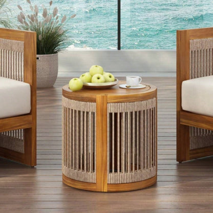 27.95 Acacia Wood Outdoor Coffee Table - Handwoven Rope Accent Boho Patio Table with All - Weather Durability