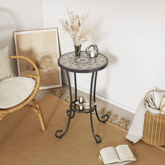 Patio Side Table with Shelf, Brown+Black