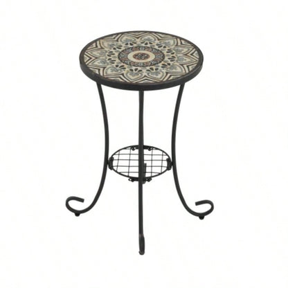 Patio Side Table with Shelf, Brown+Black
