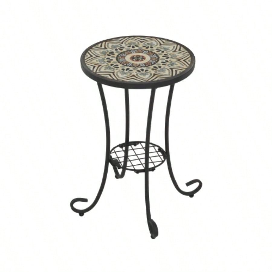 Patio Side Table with Shelf, Brown+Black