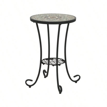 Patio Side Table with Shelf, Brown+Black