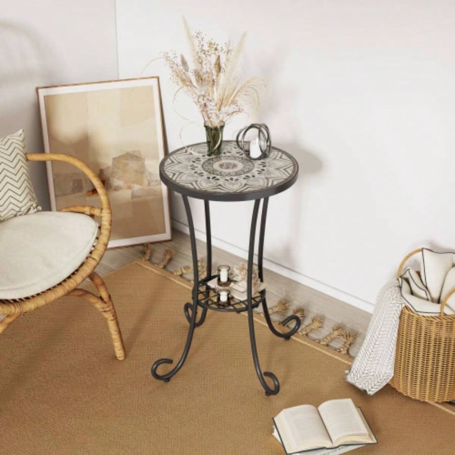 Patio Side Table with Shelf, Brown+Black